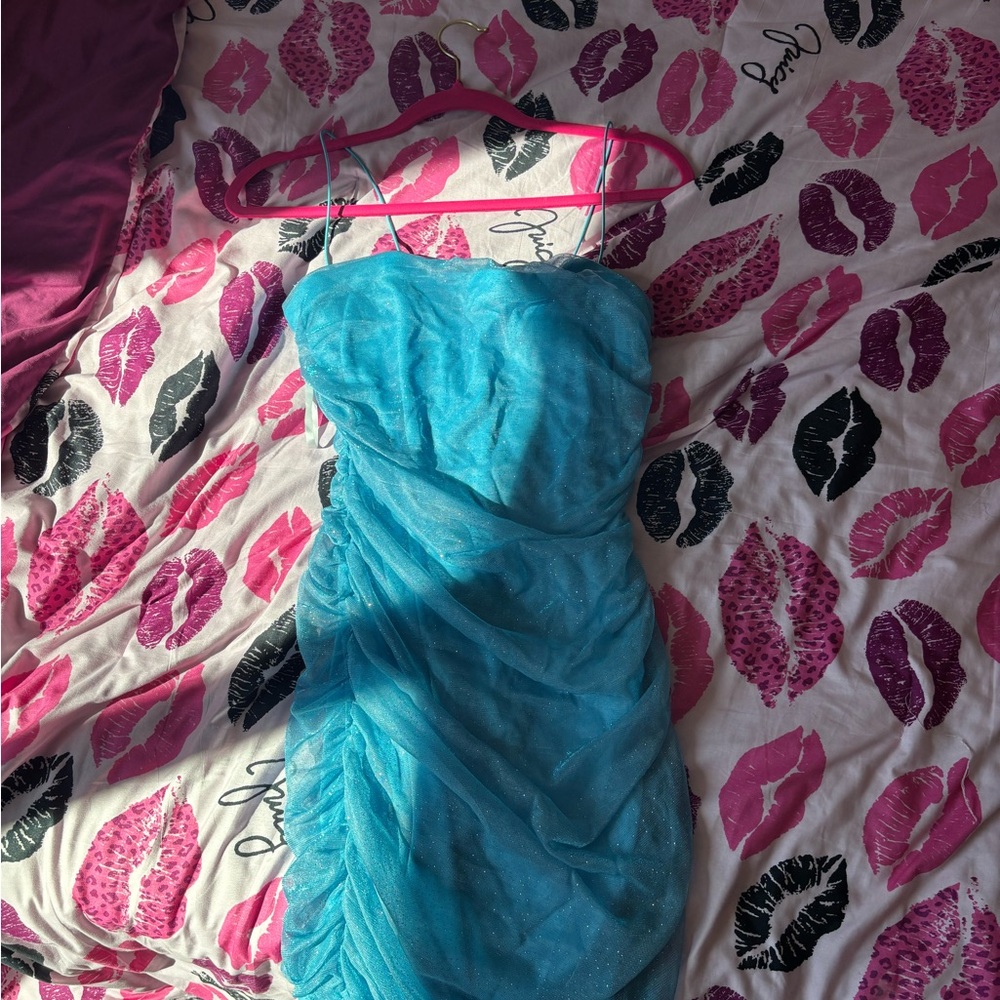 B Darlin Turquoise Blue Strapless Mini Dress